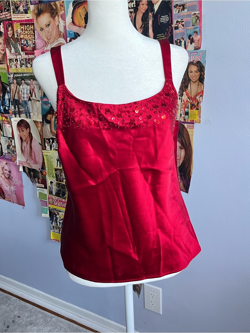 NWT Deadstock Y2K Kate Hill Ruby Red Silky Beaded Tank